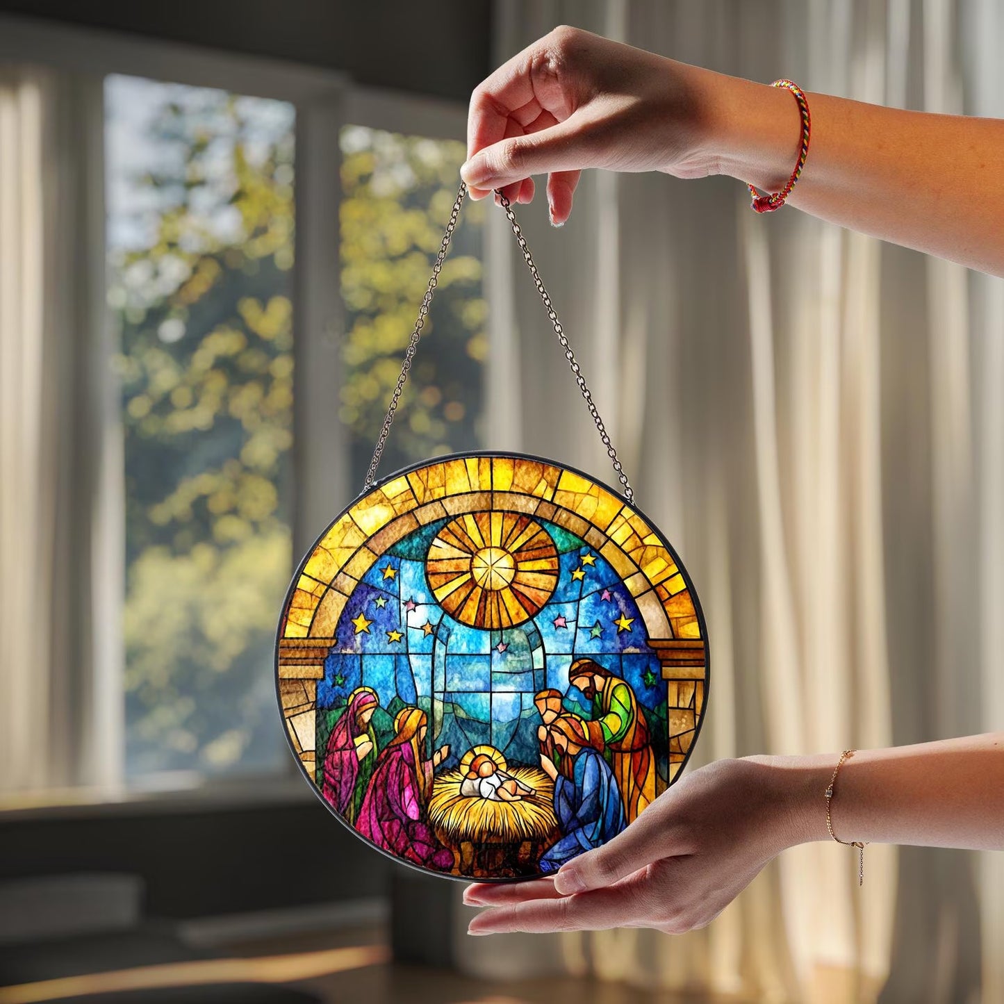 Netecom O Holy Night Window Hanging – Nativity Religious Ornament, Jesus Stained Glass Christmas Decor, Catholic Christmas Gift