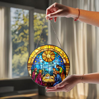 Netecom O Holy Night Window Hanging – Nativity Religious Ornament, Jesus Stained Glass Christmas Decor, Catholic Christmas Gift