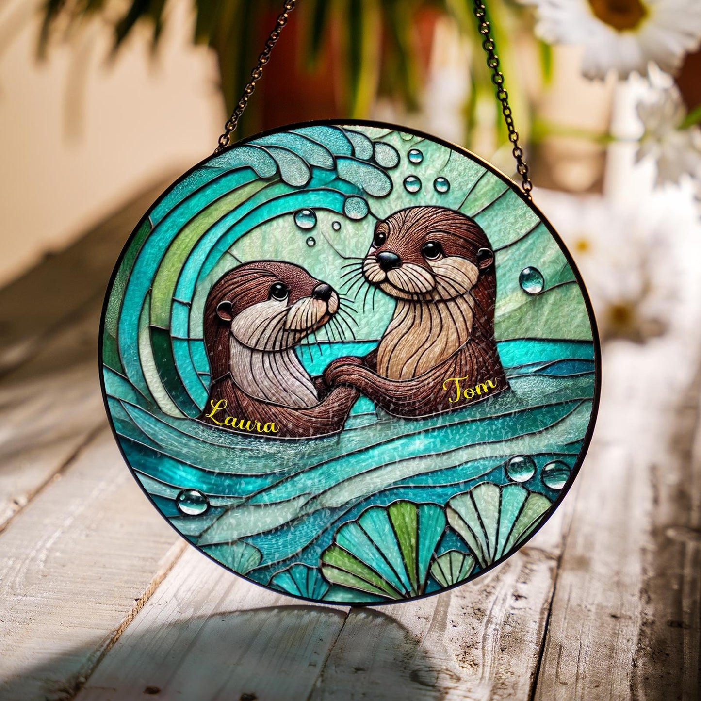 Netecom Otter Couple Stained Glass Suncatcher – Romantic Otter Lover Gift, Love Window Hanging, Anniversary and Valentine Gift for Husband Wife