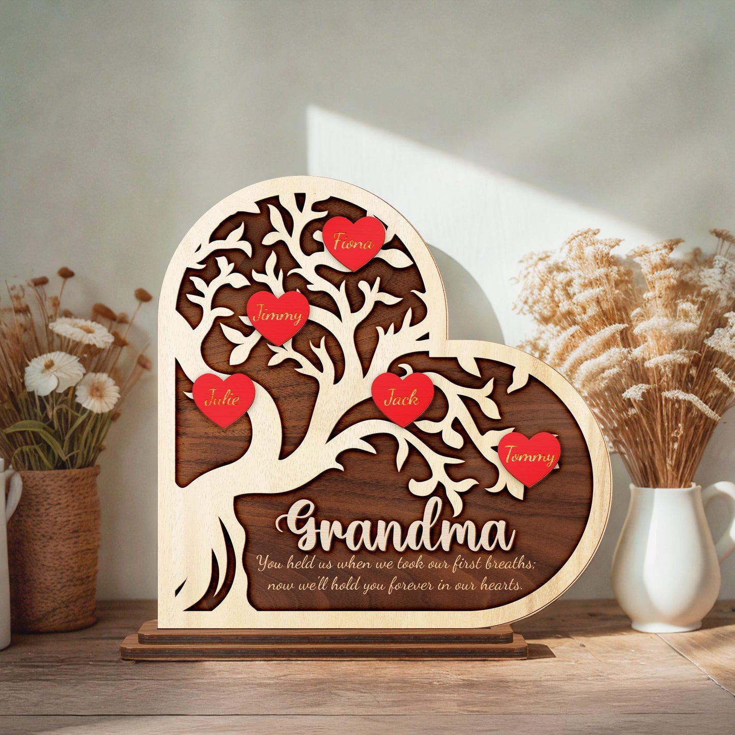 Netecom Personalized Family Tree Wooden Stand Custom Names Gift for Mom Mother’s Day Keepsake Grandma Home Decor
