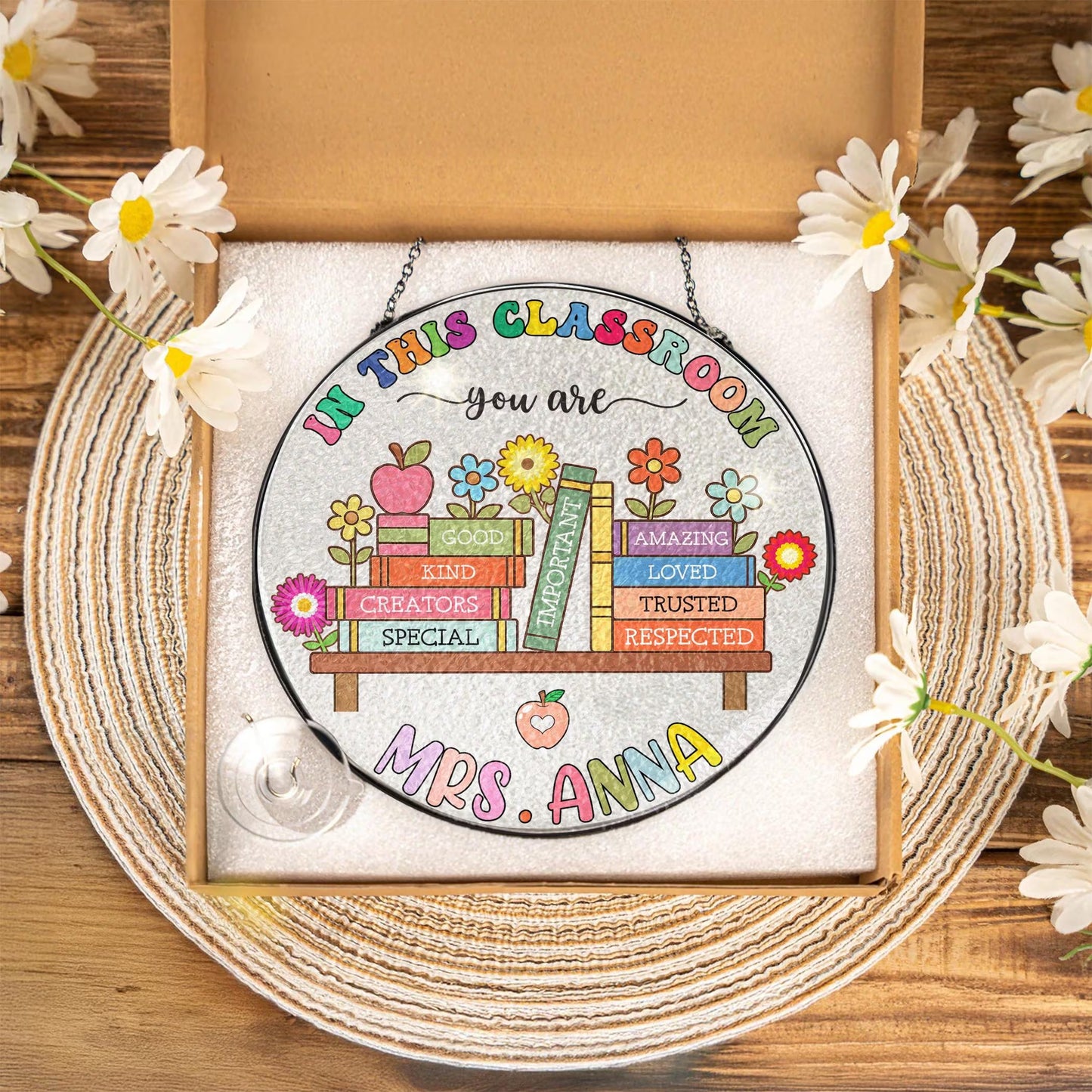 Netecom Personalized Teacher Stained Glass Suncatcher – Teacher Appreciation Gift for Back to School, Classroom Decor