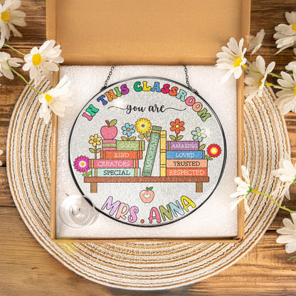 Netecom Personalized Teacher Stained Glass Suncatcher – Teacher Appreciation Gift for Back to School, Classroom Decor
