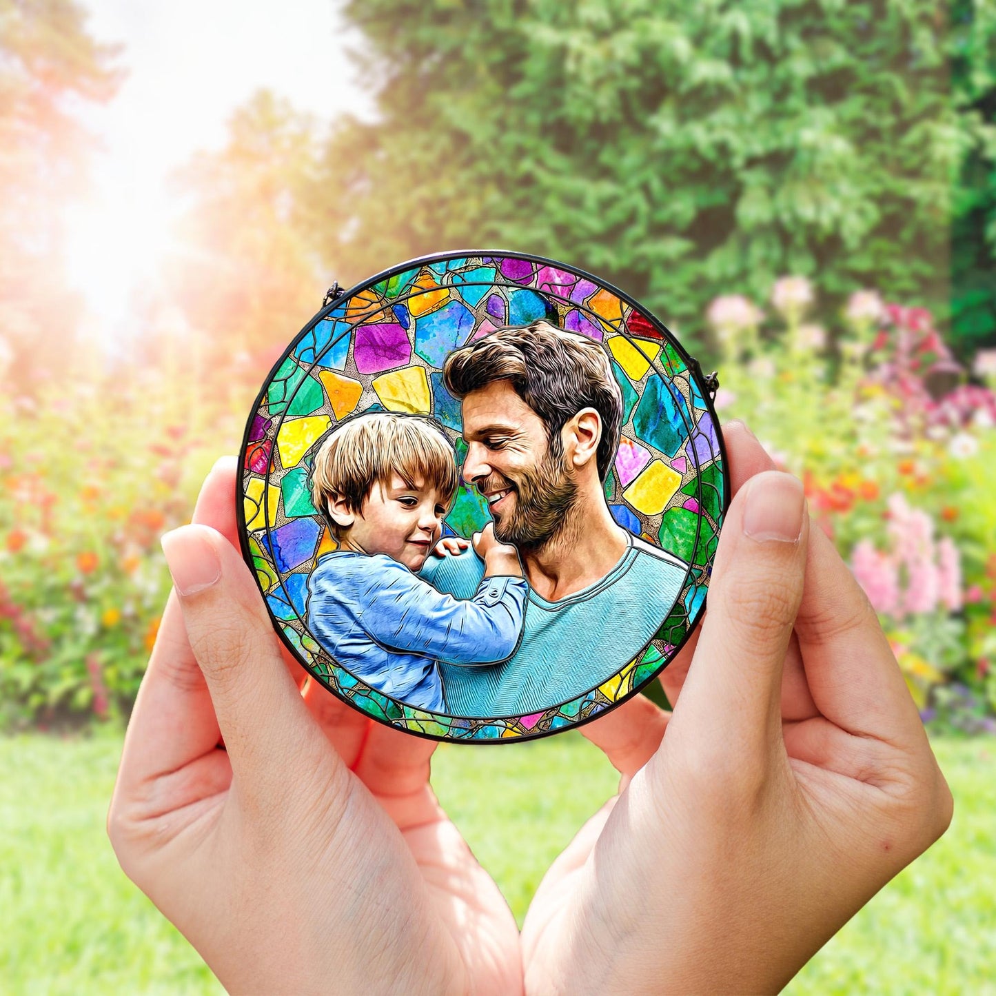 Netecom Personalized Dad Gift – Custom Stained Glass Suncatcher,  Father’s Day Birthday Christmas for Dad Men, Photo Window Hanging Keepsake