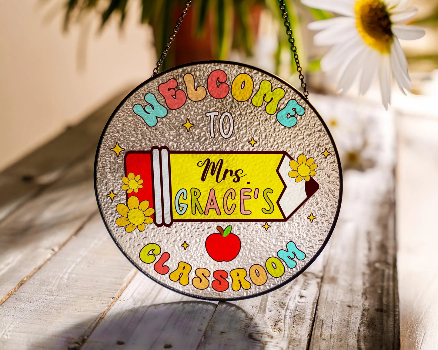 Netecom Personalized Teacher Stained Glass Suncatcher – Custom Teacher Appreciation Gift, Classroom Decor, Back to School Window Hanging