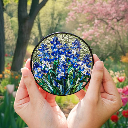 Netecom Blue Wildflower Stained Glass Suncatcher – Round Window Hanging Decor, Floral Sun Catcher Gift for Mom Grandma