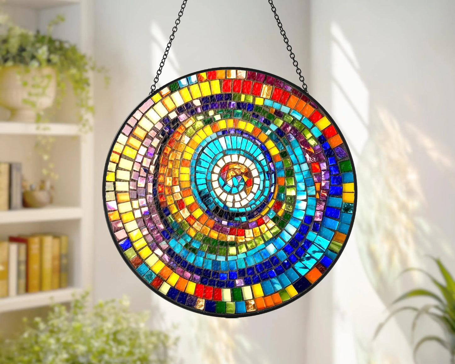 Netecom Rainbow Spiral Faux Stained Glass Suncatcher, Colorful Geometric Window Hanging, Round Mosaic Light Catcher, Vibrant Art Decor Gift