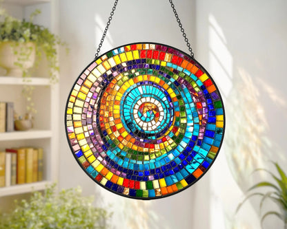 Netecom Rainbow Spiral Faux Stained Glass Suncatcher, Colorful Geometric Window Hanging, Round Mosaic Light Catcher, Vibrant Art Decor Gift