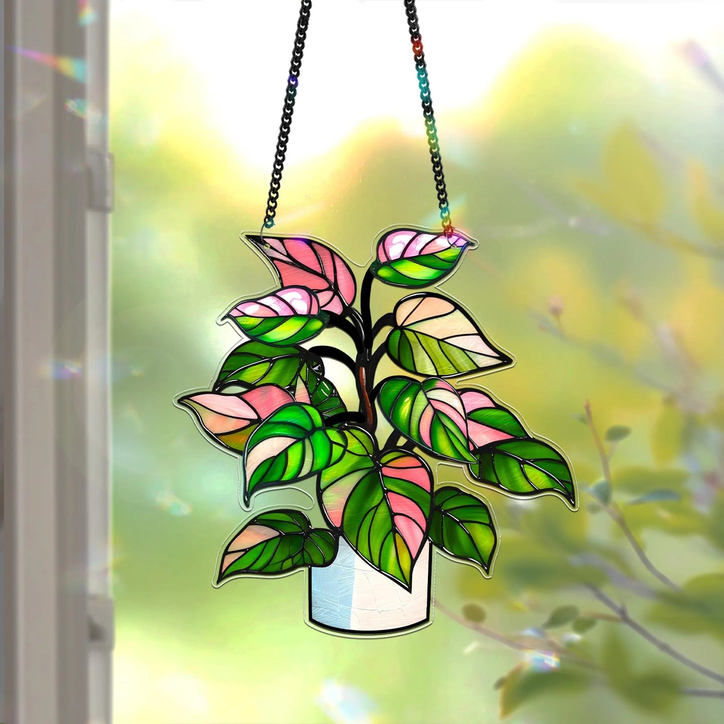 Netecom Philodendron White Princess Starter Plant Acrylic Suncatcher – Faux Stained Glass Window Hanging Decor for Plant Lovers, Rare Live Plant Garden Decor