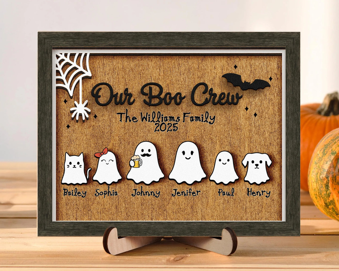 Netecom Personalized Ghost Family Halloween Wood Sign Our Boo Crew Custom Name Decor Spooky Home Wall Art Cute Holiday Keepsake