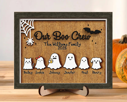 Netecom Personalized Ghost Family Halloween Wood Sign Our Boo Crew Custom Name Decor Spooky Home Wall Art Cute Holiday Keepsake