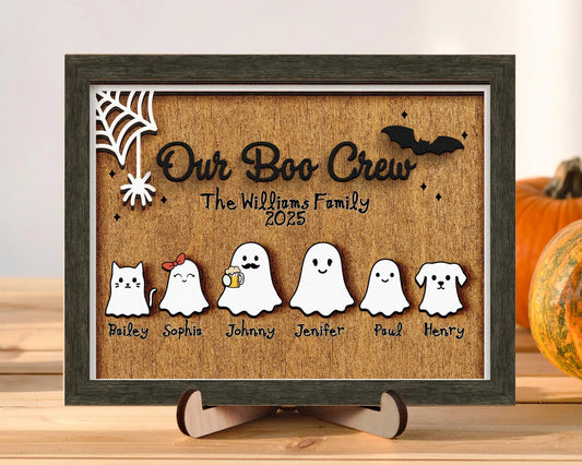 Netecom Personalized Ghost Family Halloween Wood Sign Our Boo Crew Custom Name Decor Spooky Home Wall Art Cute Holiday Keepsake