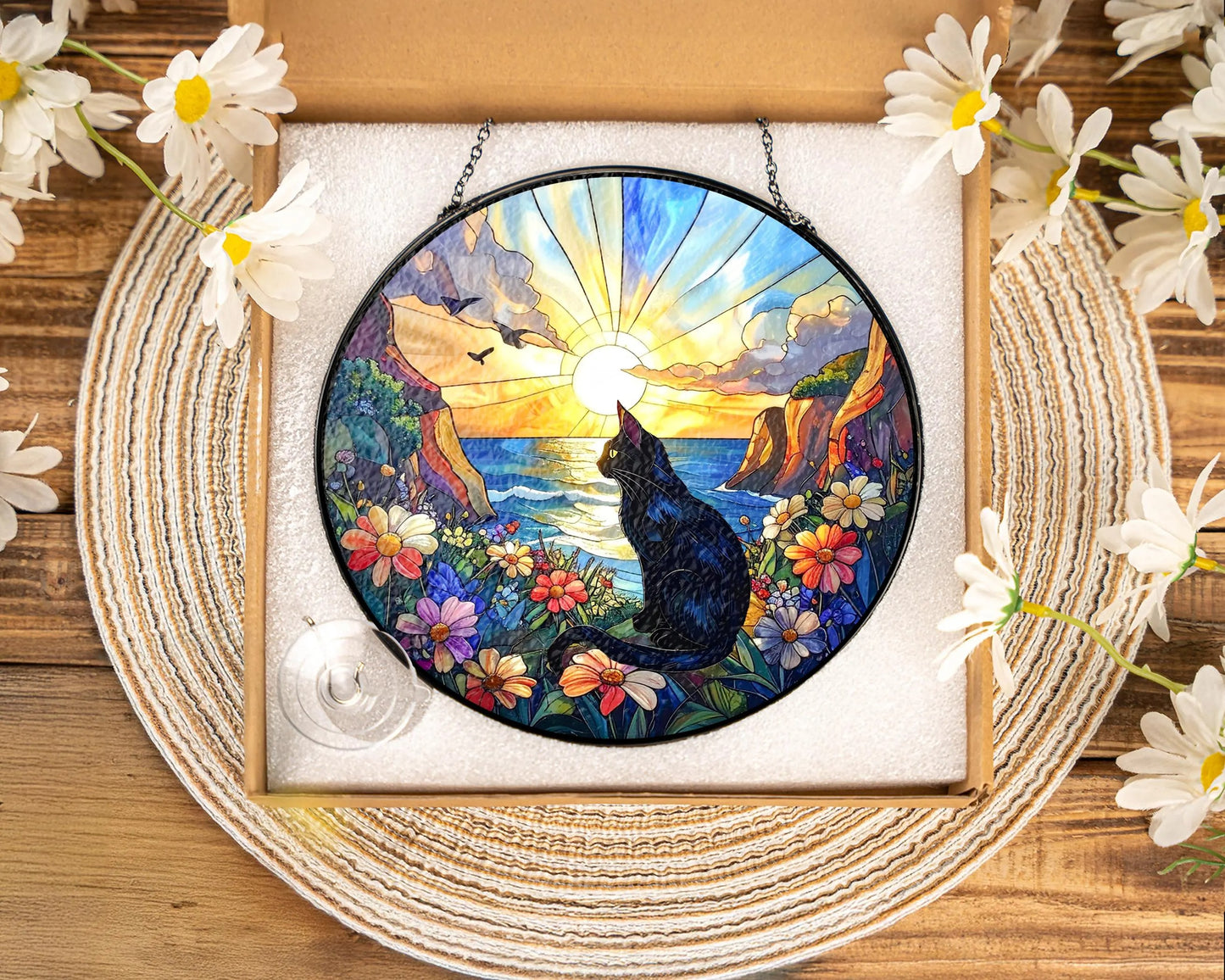 Netecom Memorial Stained Glass Suncatcher, Pet Loss Sympathy Gift, Flower Glass Art Window Hanging, Cat Lover Gift