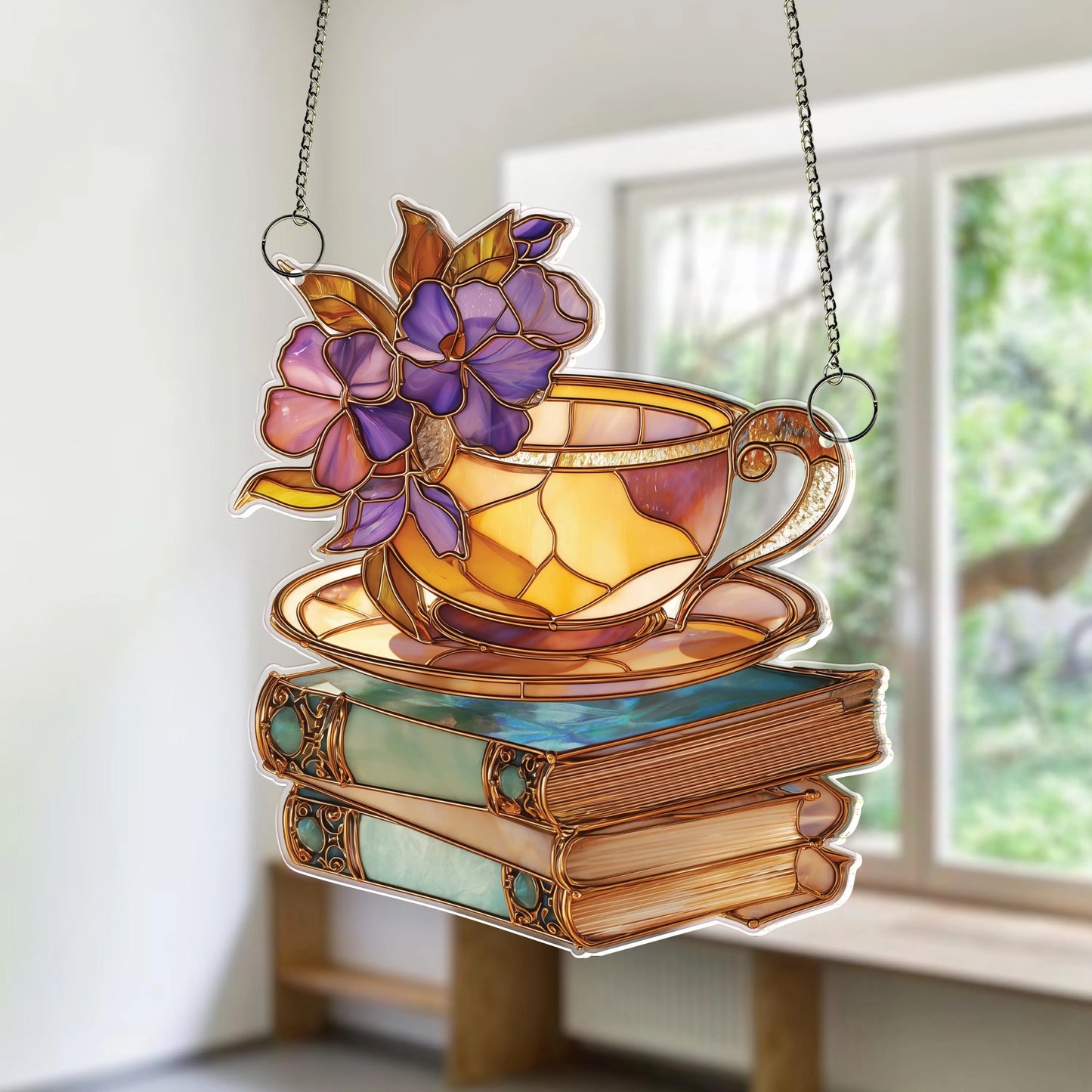 Netecom Floral Teacup & Books Acrylic Suncatcher – Magical Library Window Hanging, Book Lover Gift, Cozy Home Decor for Readers
