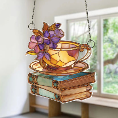 Netecom Floral Teacup & Books Acrylic Suncatcher – Magical Library Window Hanging, Book Lover Gift, Cozy Home Decor for Readers