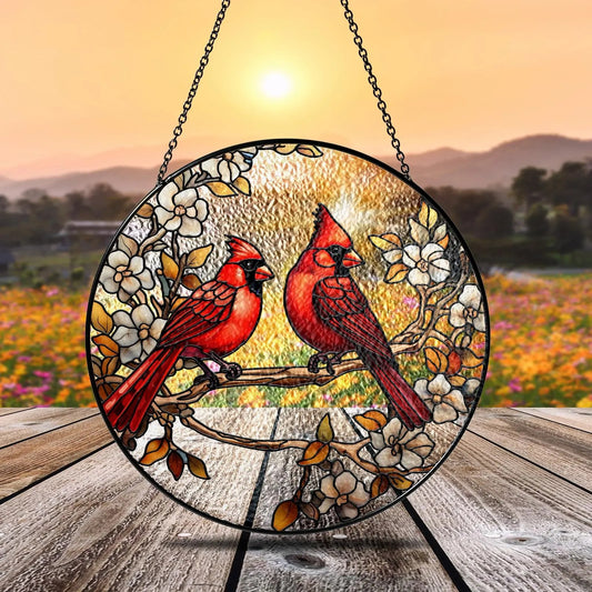 Netecom Red Cardinal Stained Glass Suncatcher – Floral Window Hanging, Cardinal Lover Gift, Anniversary Decoration, Nature-Inspired Glass Art