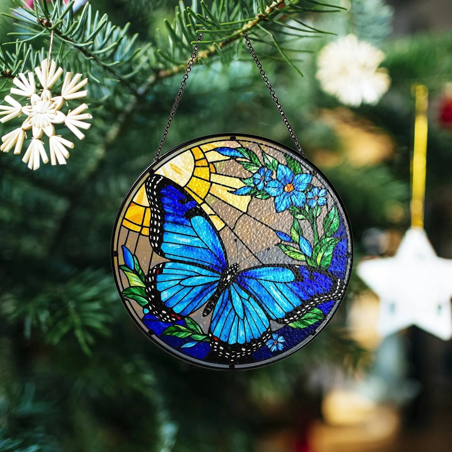 Netecom Blue Butterfly Stained Glass Suncatcher – Round Window Hanging Decor, Butterfly Lovers, Floral Sun Catcher Gift for Mom Grandma