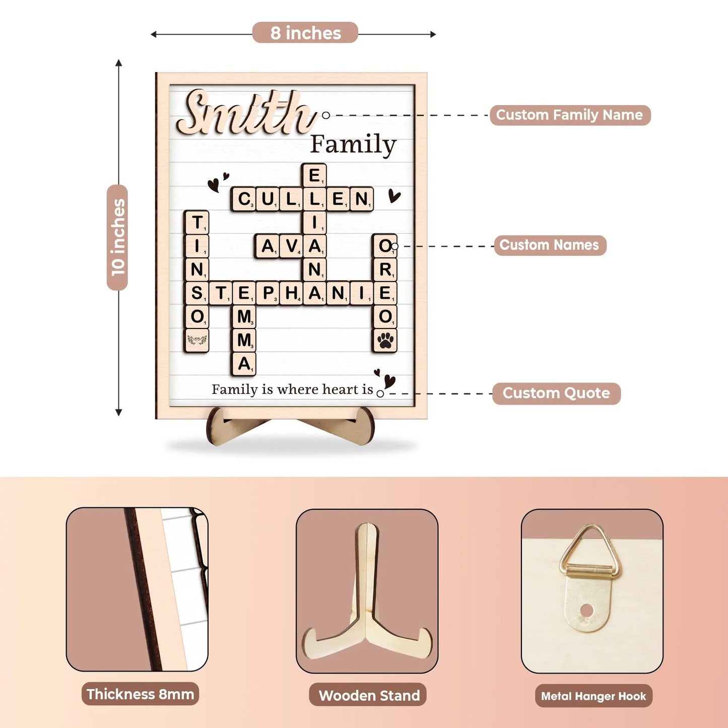 Netecom Personalized Scrabble Family Name Frame Crossword Puzzle Sign with Grandkids Names Custom Wooden Gift for Grandparents Home Decor