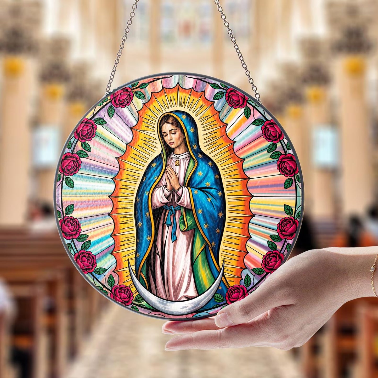 Netecom Our Lady of Guadalupe Stained Glass Window Hanging – Mexican Mom Gift, Latin Culture Art, Mother’s Day Tribute for Mom Grandmothers