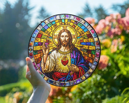 Netecom Christian Sacred Heart Stained Glass Art Jesus Window Decor Religious Suncatcher Gift Christmas Ornament