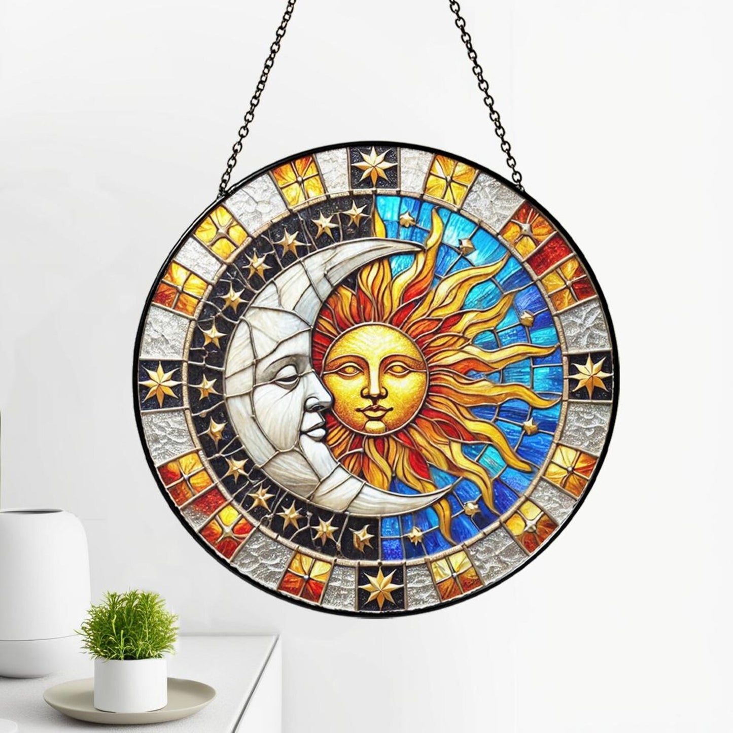 Netecom Celestial Sun & Moon Stained Glass Suncatcher Window Hanging, Night Sky Light Catcher, Starry Cosmic Home Decor Gift