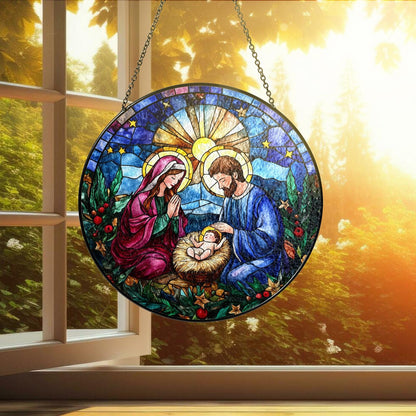 Netecom O Holy Night Window Hanging – Nativity Religious Ornament, Jesus Stained Glass Christmas Decor, Catholic Christmas Gift