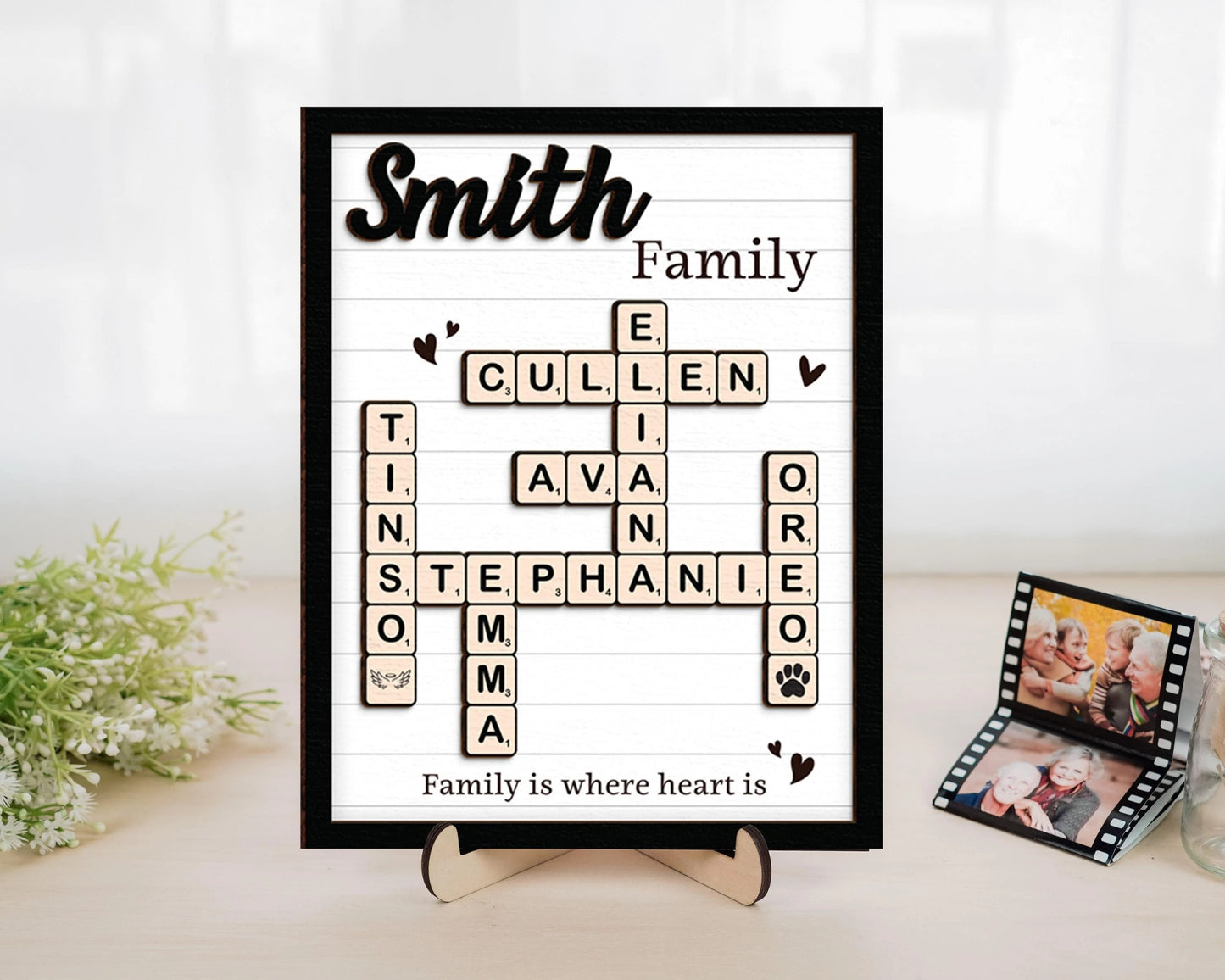 Netecom Personalized Scrabble Family Name Frame Custom Family Crossword Puzzle Sign Grandkids Names Family Home Decor Gift for Grandparents