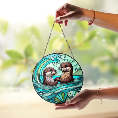 Netecom Otter Couple Stained Glass Suncatcher – Romantic Otter Lover Gift, Love Window Hanging, Anniversary and Valentine Gift for Husband Wife