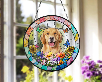 Netecom Personalized Pet Memorial Photo Suncatcher, Custom Stained Glass Window Hanging, Sympathy Gift for Pet Loss