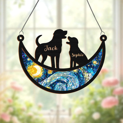 Netecom Personalized Cat Memorial Suncatcher – Couple Cat on Moon, Pet Loss Gift, Dog and Cat Remembrance, Custom Pet Memorial Window Hanging