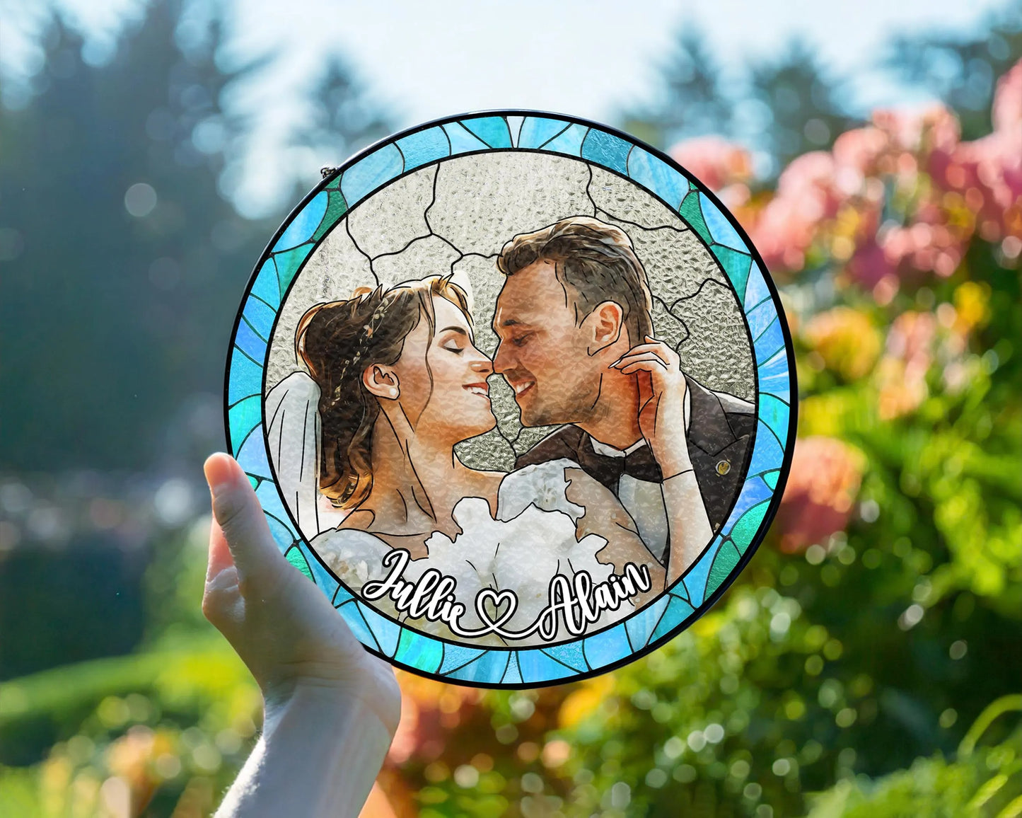 Netecom Personalized Family Photo Stained Glass Suncatcher – Custom Family Portrait Window Hanging Gift for Mom Dad Grandma Christmas Couple Portrait