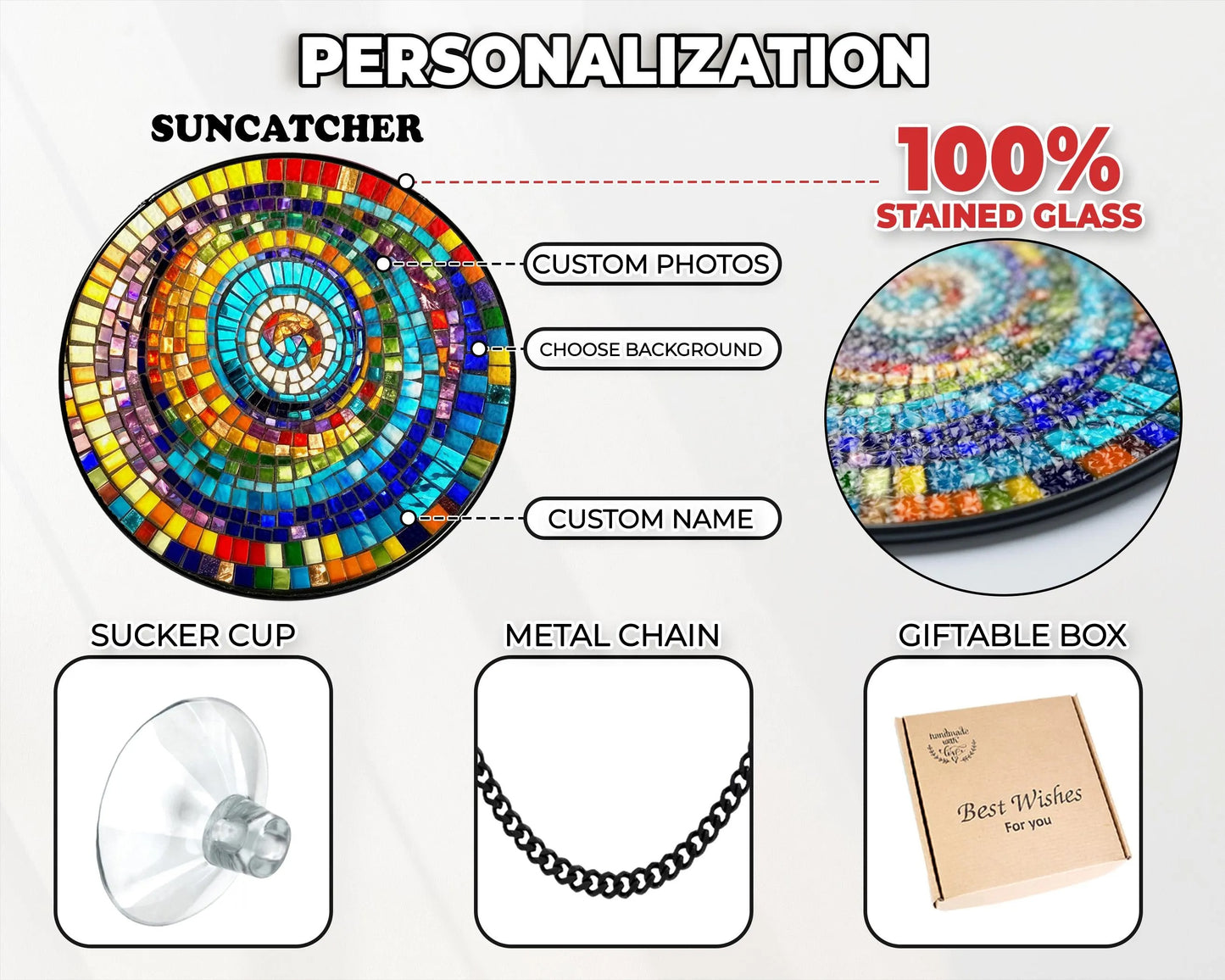 Netecom Rainbow Spiral Faux Stained Glass Suncatcher, Colorful Geometric Window Hanging, Round Mosaic Light Catcher, Vibrant Art Decor Gift