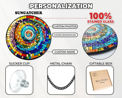 Netecom Rainbow Spiral Faux Stained Glass Suncatcher, Colorful Geometric Window Hanging, Round Mosaic Light Catcher, Vibrant Art Decor Gift