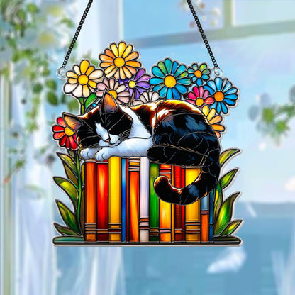 Netecom Cat Book Flower Acrylic Suncatcher – Faux Stained Glass Window Hanging, Reading Cat Book Ornament, Gift for Book Lovers & Cat Lovers