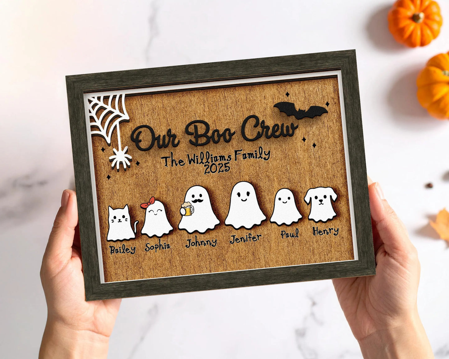 Netecom Personalized Ghost Family Halloween Wood Sign Our Boo Crew Custom Name Decor Spooky Home Wall Art Cute Holiday Keepsake