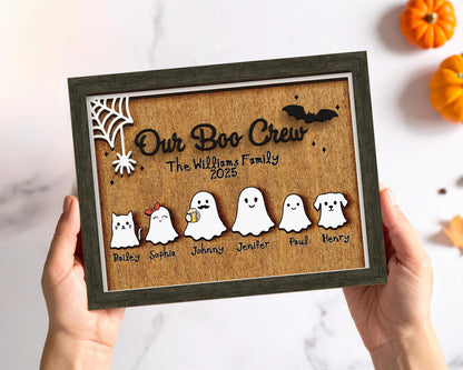 Netecom Personalized Ghost Family Halloween Wood Sign Our Boo Crew Custom Name Decor Spooky Home Wall Art Cute Holiday Keepsake