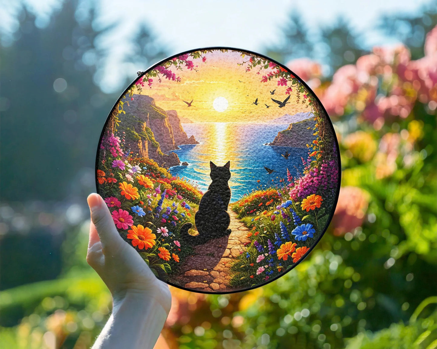 Netecom Memorial Stained Glass Suncatcher, Pet Loss Sympathy Gift, Flower Glass Art Window Hanging, Cat Lover Gift