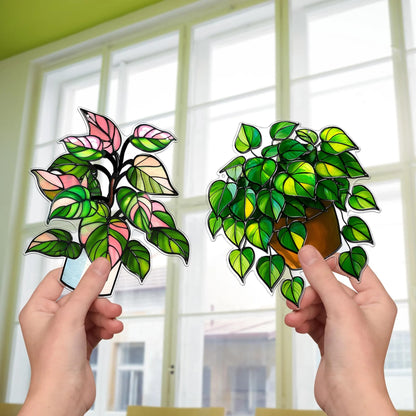 Netecom Pack of 3 Plant Acrylic Suncatchers – Faux Stained Glass Window Hanging, Botanical Home Art Decor, Garden Hanging Decor for Plant Lovers