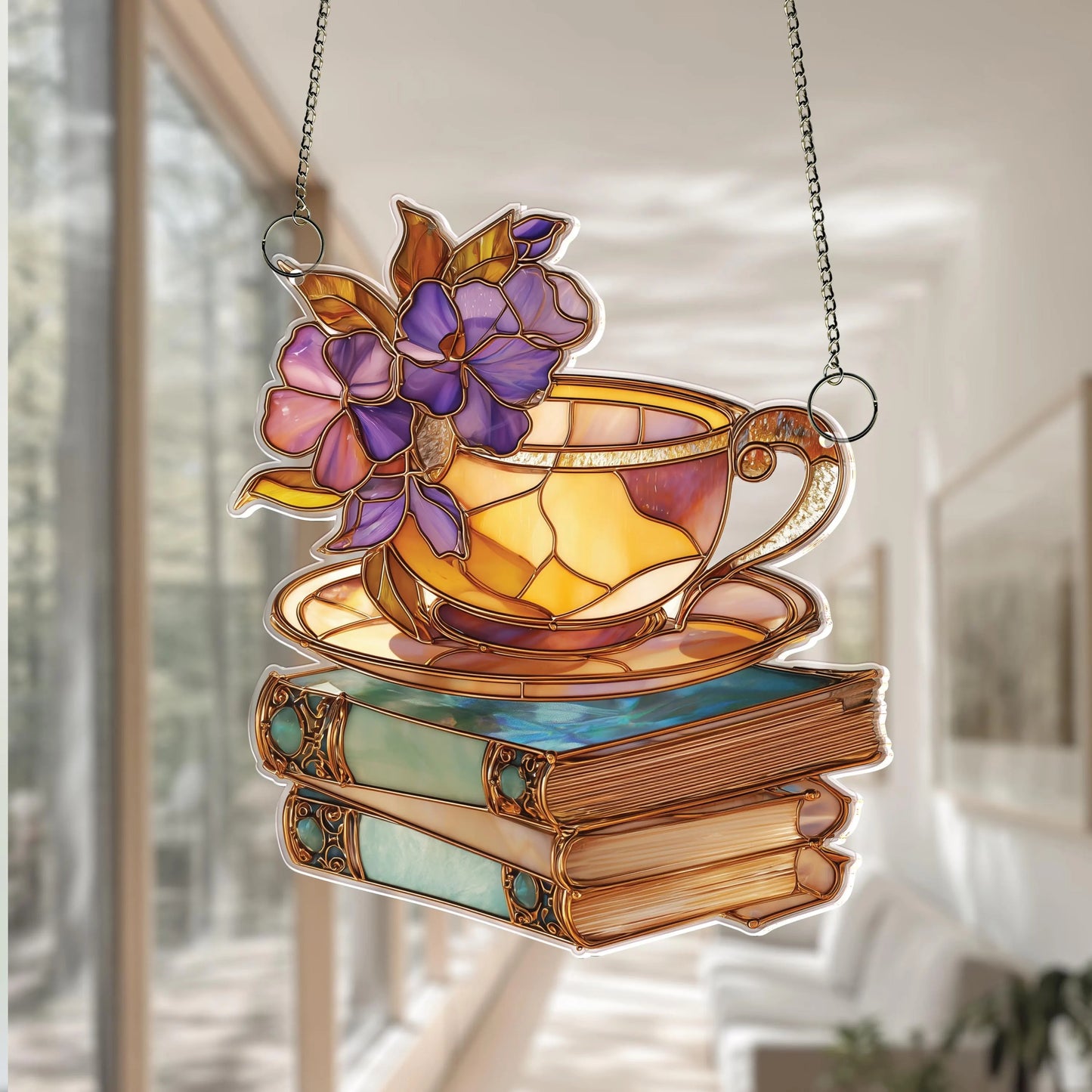 Netecom Floral Teacup & Books Acrylic Suncatcher – Magical Library Window Hanging, Book Lover Gift, Cozy Home Decor for Readers