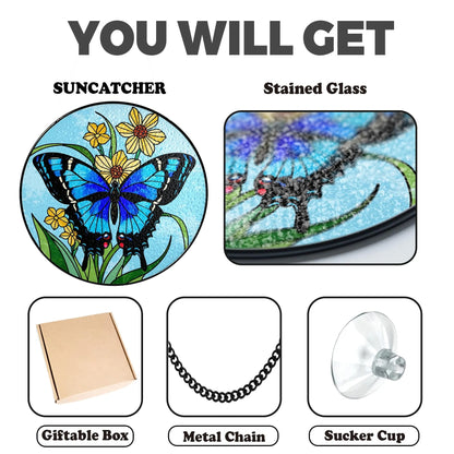 Netecom Blue Butterfly Stained Glass Suncatcher – Round Window Hanging Decor, Butterfly Lovers, Floral Sun Catcher Gift for Mom Grandma