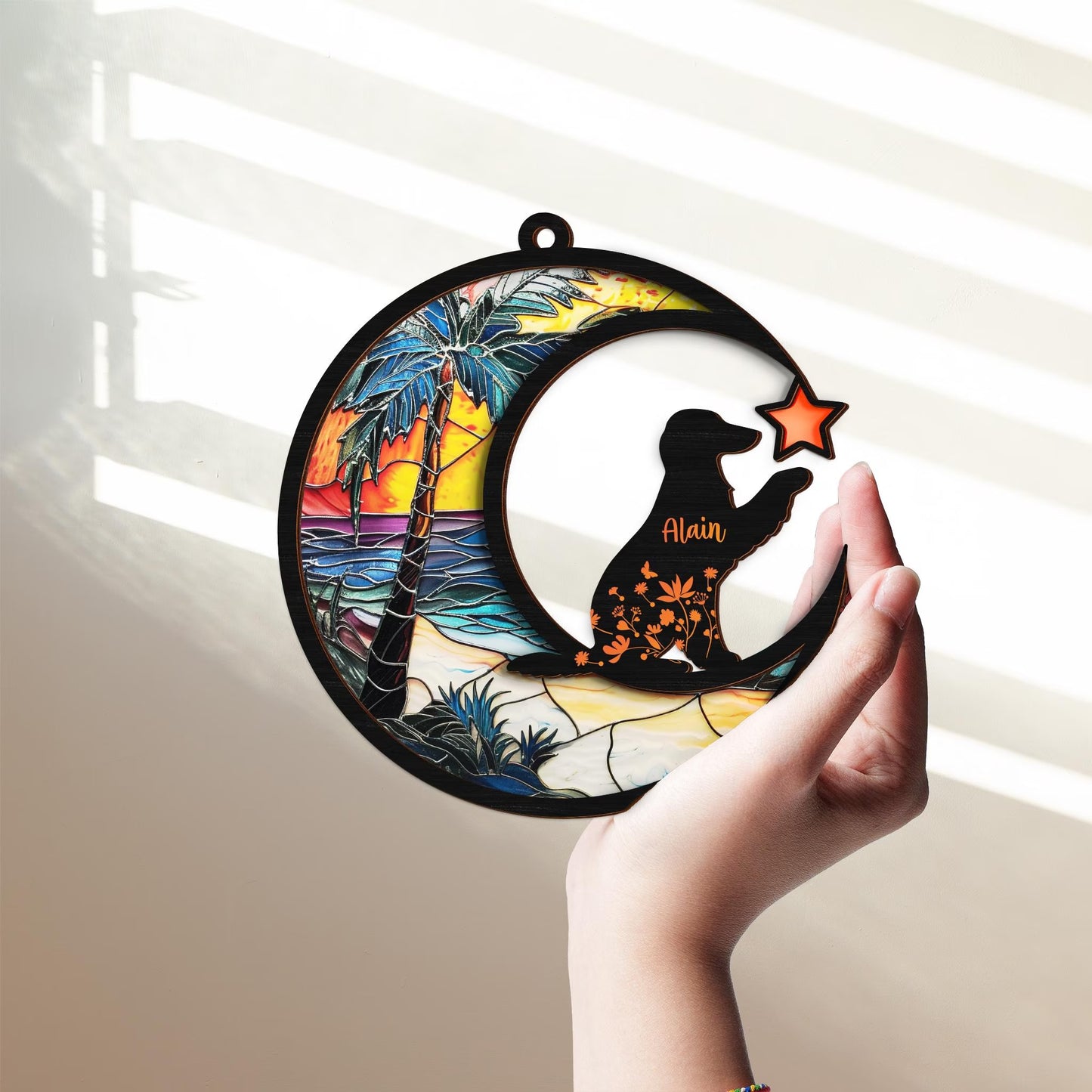 Netecom Personalized Stained Glass Suncatcher, Black Cat Memorial Ornament, Pet Loss Sympathy Gift, Cat Mom Tribute, Window Hanging Decor