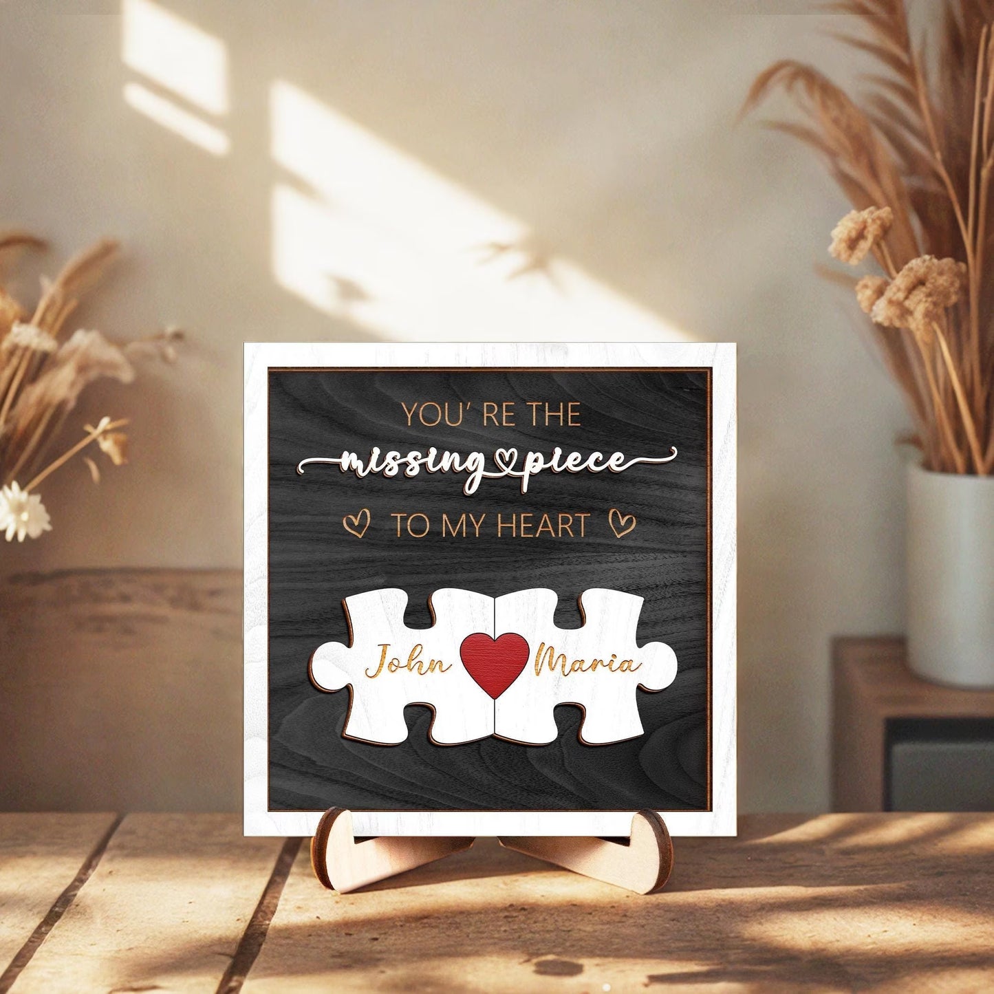 Netecom Personalized The Missing Piece Name Sign for Couples, Romantic Gift for Him and Her, Custom Puzzle Love Keepsake with Heart Keychain