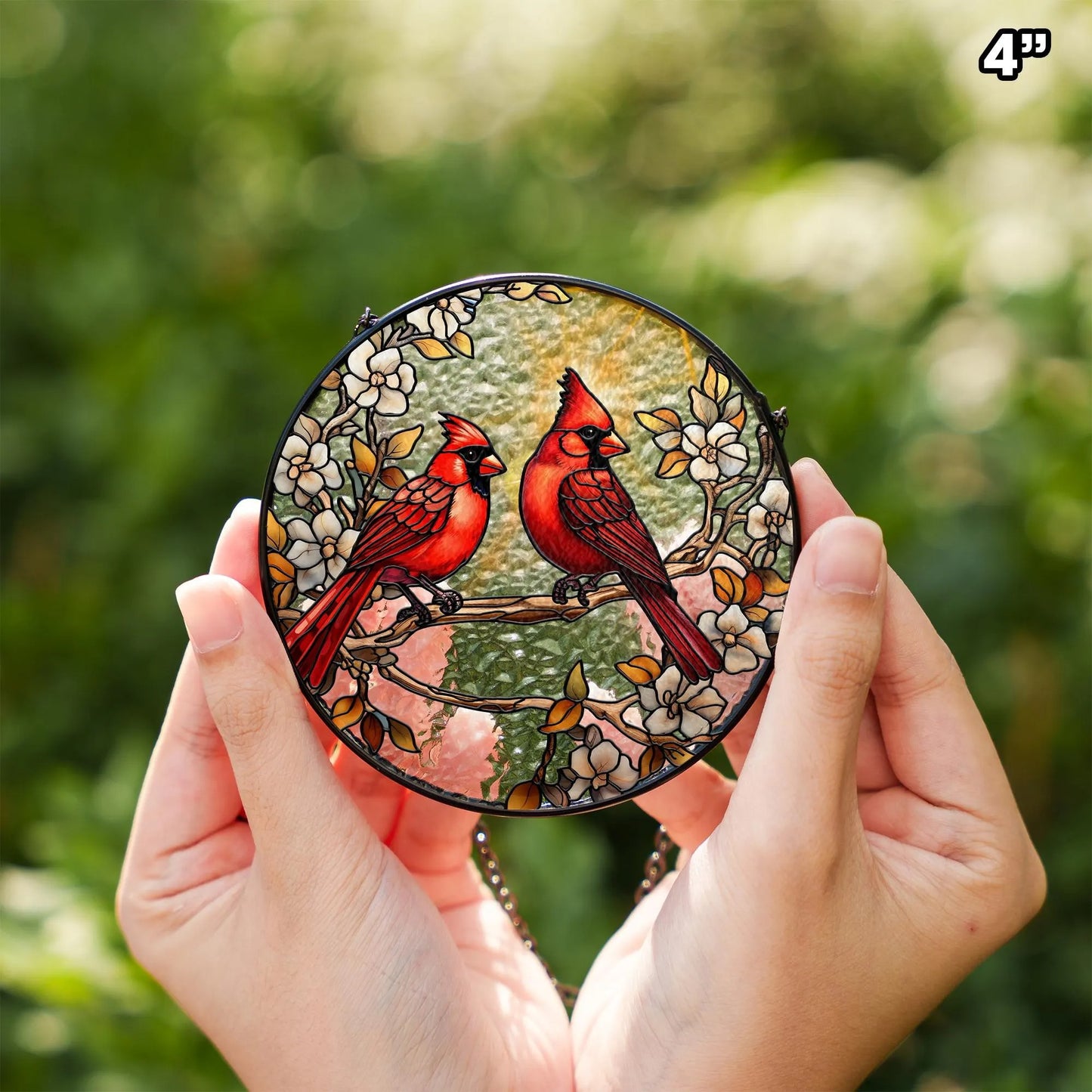 Netecom Red Cardinal Stained Glass Suncatcher – Floral Window Hanging, Cardinal Lover Gift, Anniversary Decoration, Nature-Inspired Glass Art