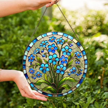Netecom Forget-Me-Not Stained Glass Suncatcher – Blue Floral Window Hanging, Boho Nature-Inspired Art, Botanical Glass Ornament