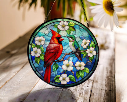 Netecom Cardinal Hummingbird Stained Glass Suncatcher – Window Hanging, Bird Lover Gift, Memorial Suncatcher, Elegant Home Decor, Memorial Gift for Women