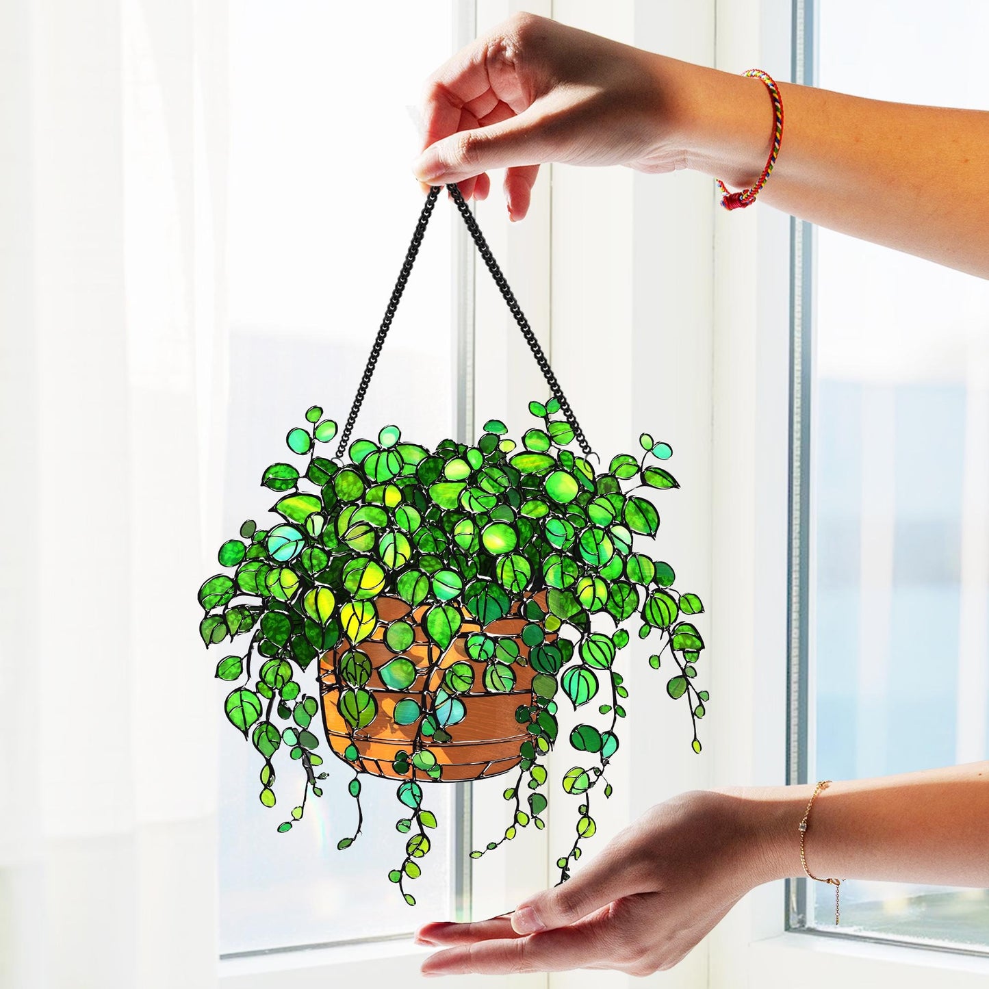 Netecom String of Turtles Acrylic Suncatcher – Faux Stained Glass Window Hanging Decor for Plant Lovers, Botanical Home Art, Garden Decor