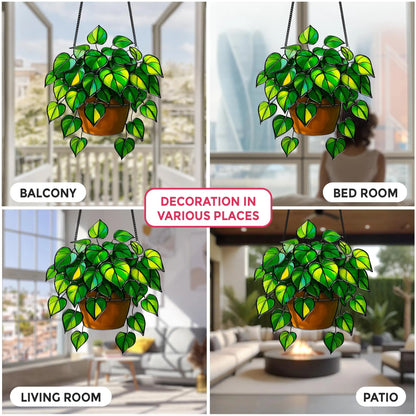 Netecom Pothos Plant Acrylic Suncatcher – Faux Stained Glass Window Hanging, Botanical Home Art Decor, Plant Lover Gift, Indoor Garden Hanging Decor