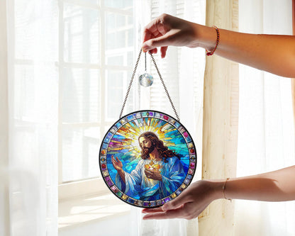 Netecom Christian Sacred Heart Stained Glass Art Jesus Window Decor Religious Suncatcher Gift Christmas Ornament