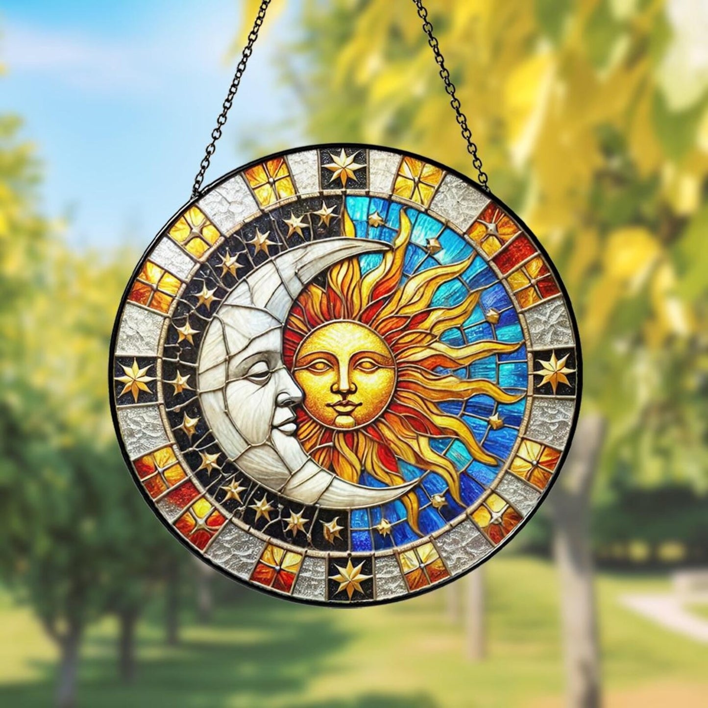 Netecom Celestial Sun & Moon Stained Glass Suncatcher Window Hanging, Night Sky Light Catcher, Starry Cosmic Home Decor Gift
