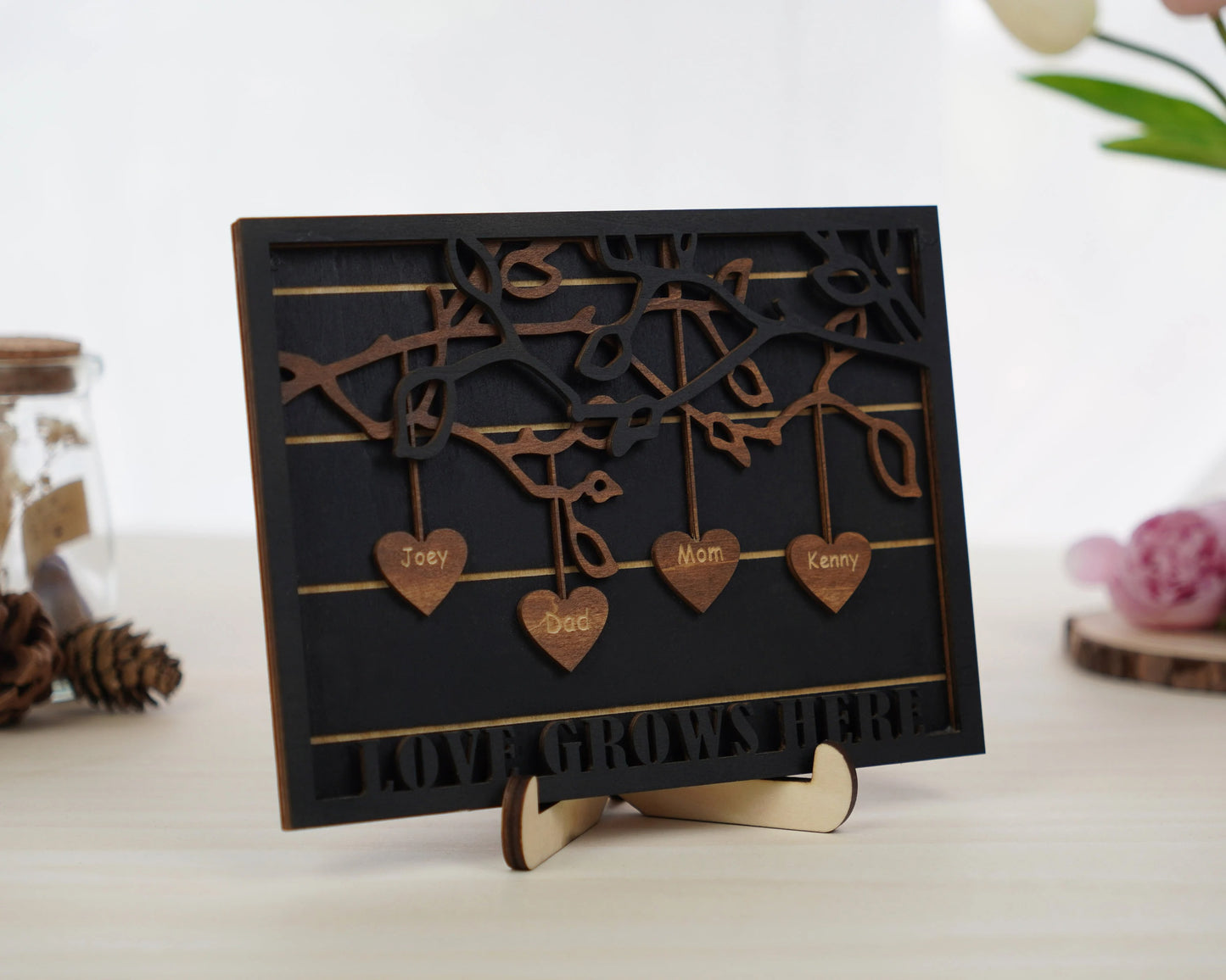 Netecom Personalized Family Tree Wood Sign Custom Grandkids Names with Hanging Hearts Love Grows Here Decor Mother’s Day Gift for Mom