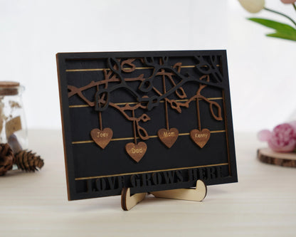 Netecom Personalized Family Tree Wood Sign Custom Grandkids Names with Hanging Hearts Love Grows Here Decor Mother’s Day Gift for Mom
